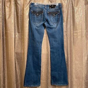 Miss me boot cut rhinestone chain pocket jeans, size 28 EUC